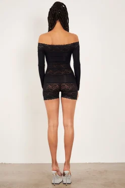 Davina Sleeved Romper Lace Raven Black<Poster Girl New
