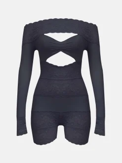 Davina Sleeved Romper Lace Raven Black<Poster Girl New
