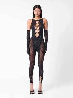 Rhinestoned Janice Jumpsuit X Gloves Set Jet Black<Poster Girl Outlet