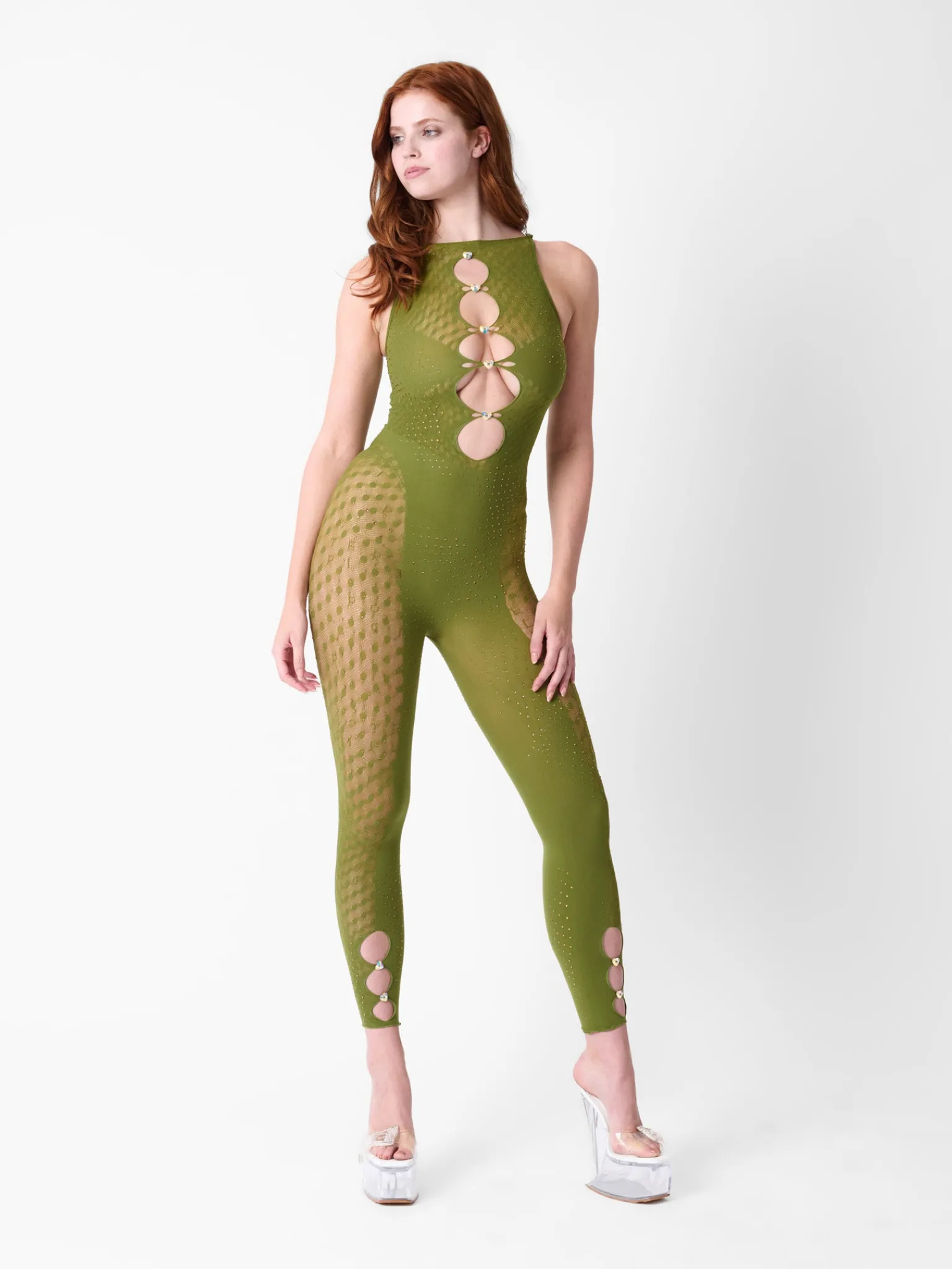 Rhinestoned Janice Jumpsuit Khaki<Poster Girl Discount