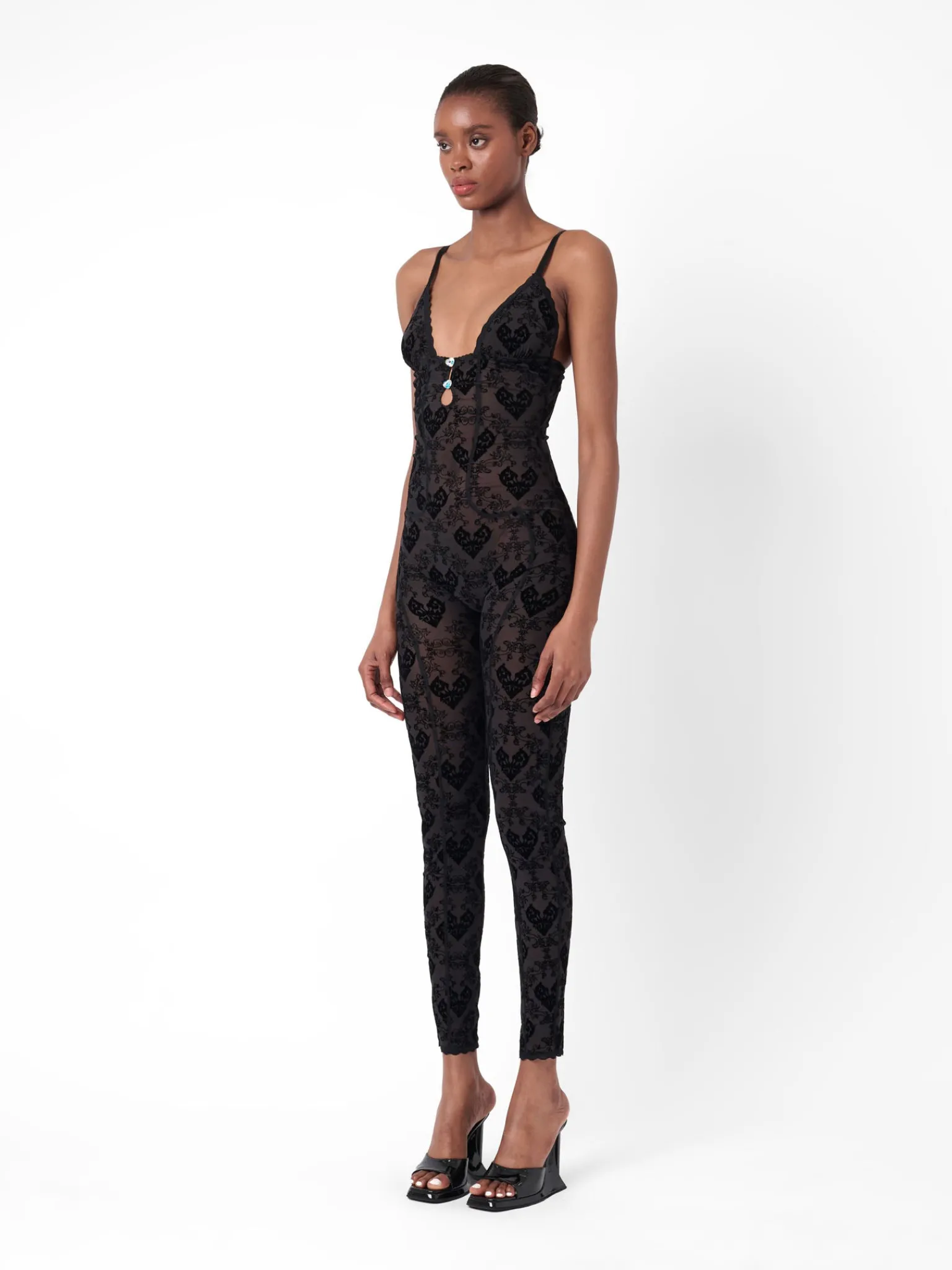 Scarlett Jumpsuit Flocked Mesh Black<Poster Girl Clearance