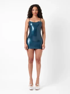 Whistle Latex Mini Dress Peacock Blue<Poster Girl Discount
